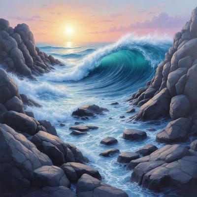 The primary subject of the image is a large wave crashing into a rocky shoreline. The setting is a coastal area with a rocky surface, and the visual style is an illustration or painting. The dominant colors in the image are blue and green, which create a serene and calming atmosphere.
